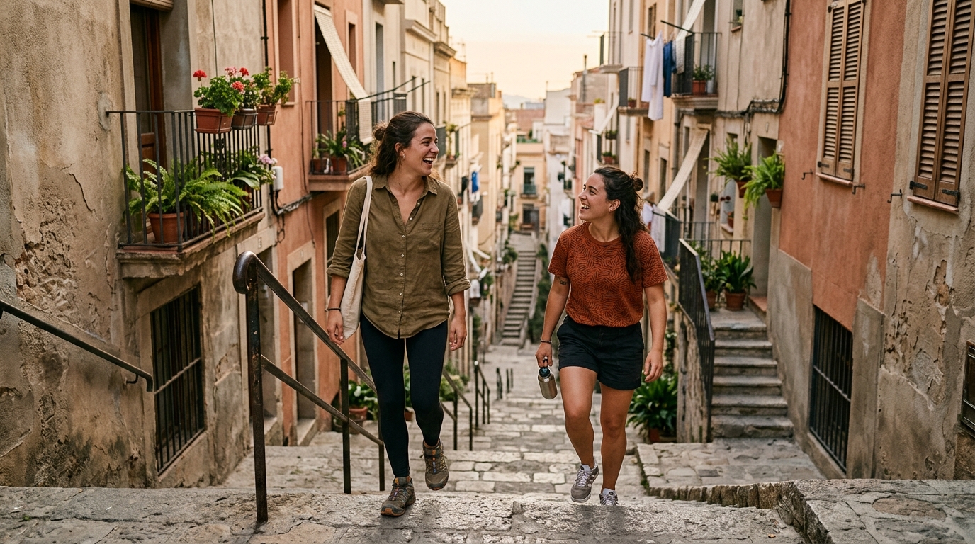 Dos personas suben unas escaleras urbanas en Barcelona